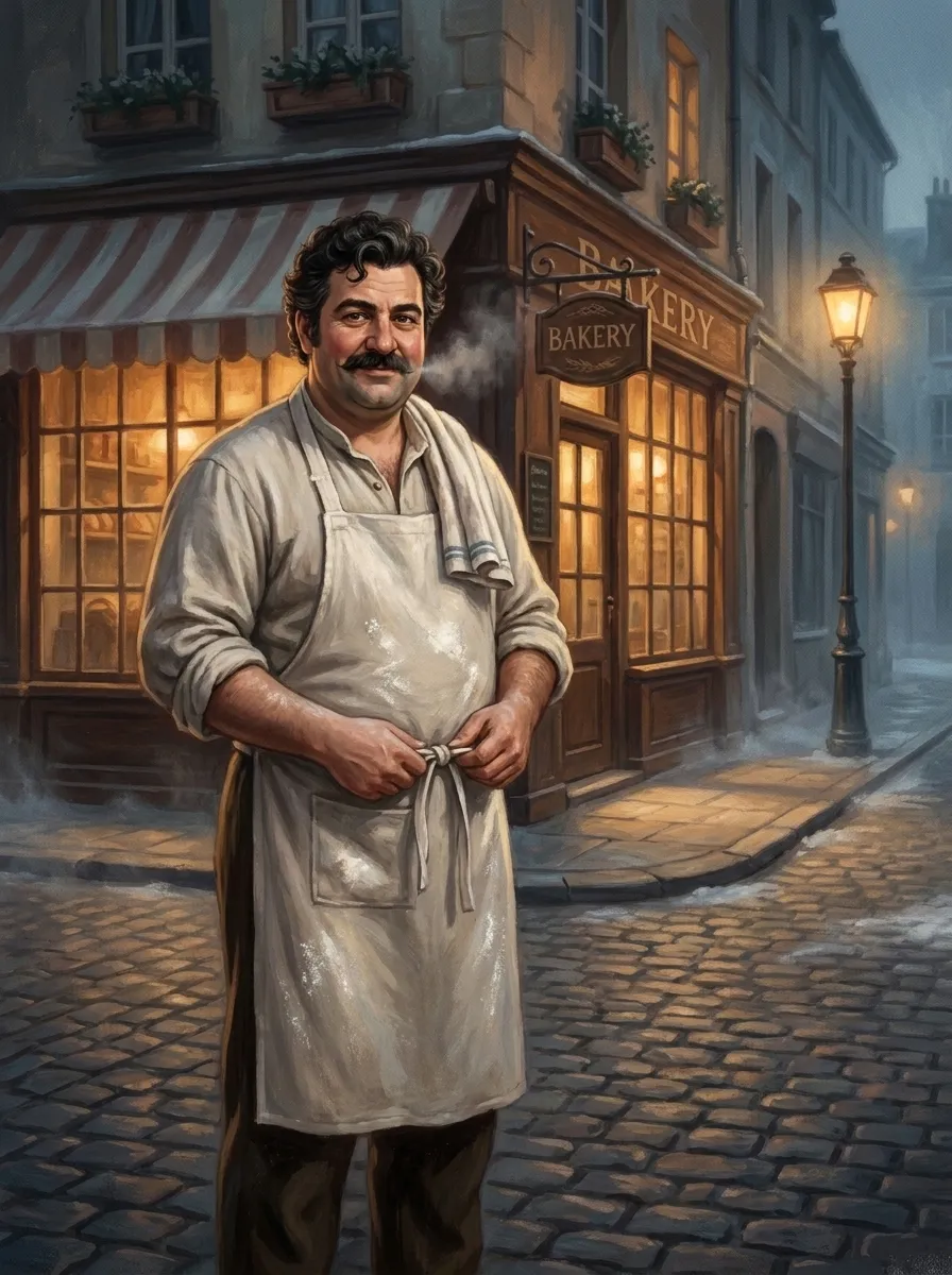 Gaston, a stocky baker, ties his apron outside his corner bakery at 5am