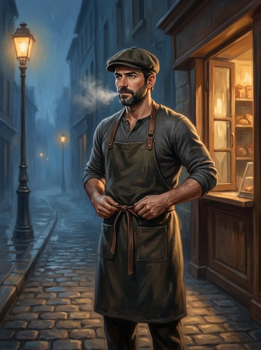 Max, a lean baker in a flat cap, ties his apron outside a small takeaway counter at 5am