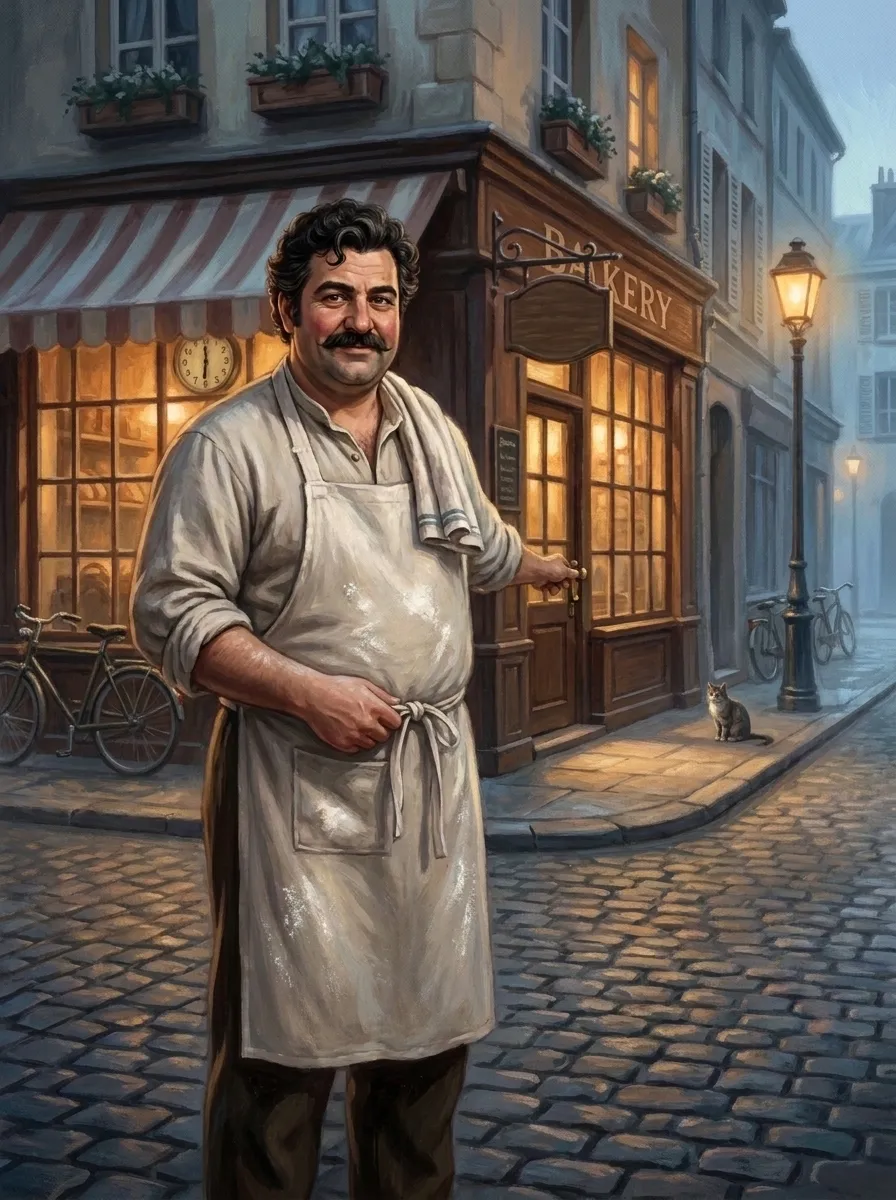Gaston opens his bakery at dawn on a quiet, empty street