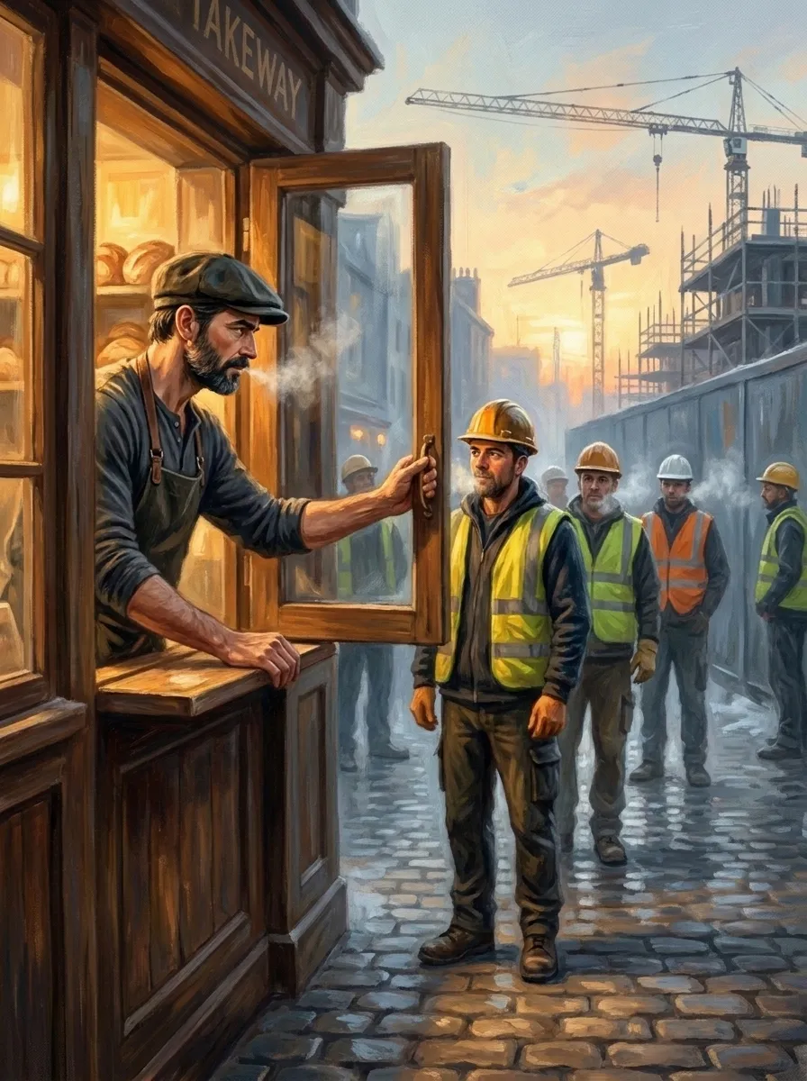 Max opens his takeaway window beside a building site as a line of construction workers waits