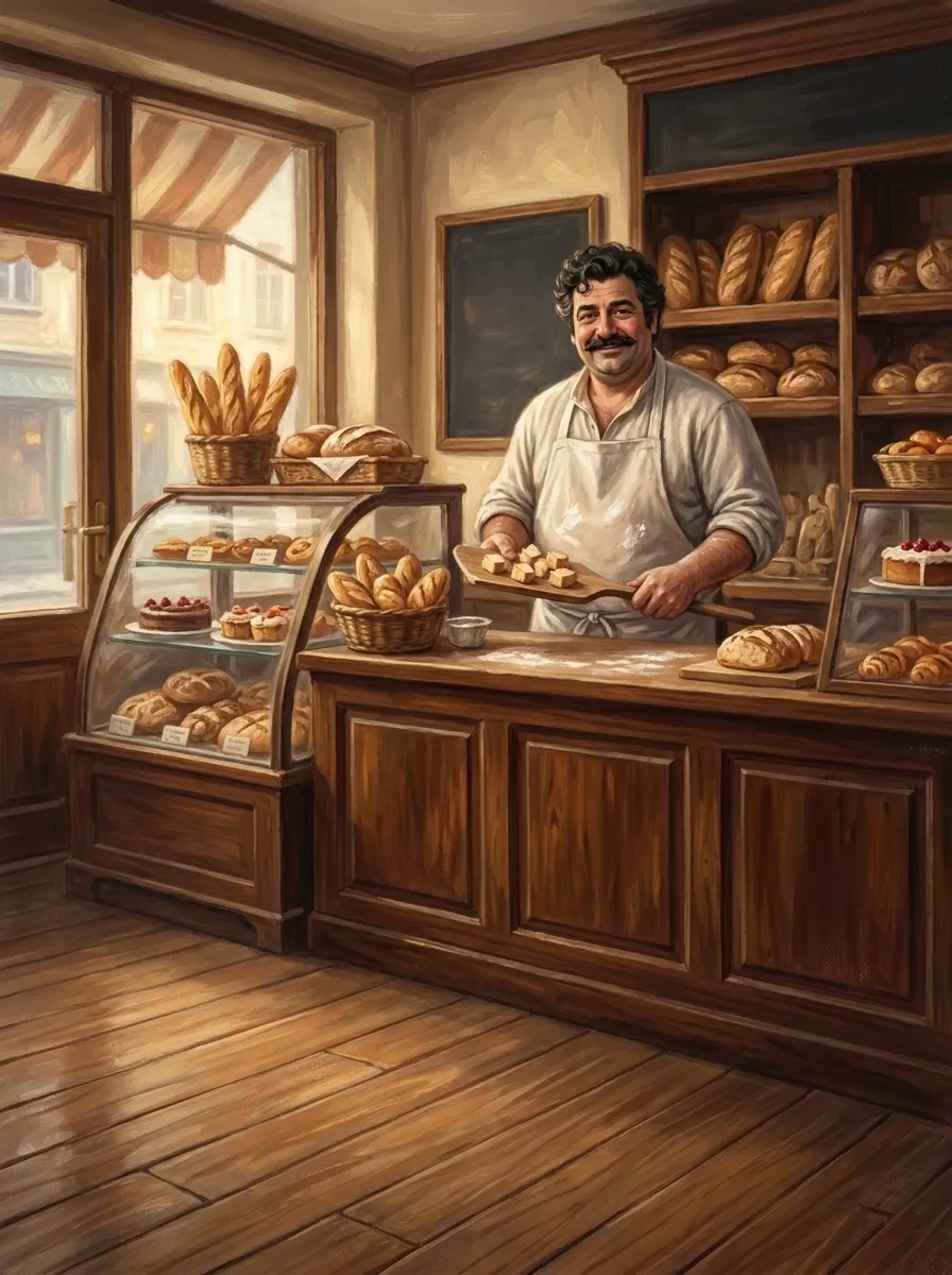 Gaston behind a full case of breads and pastries, offering samples in an empty shop