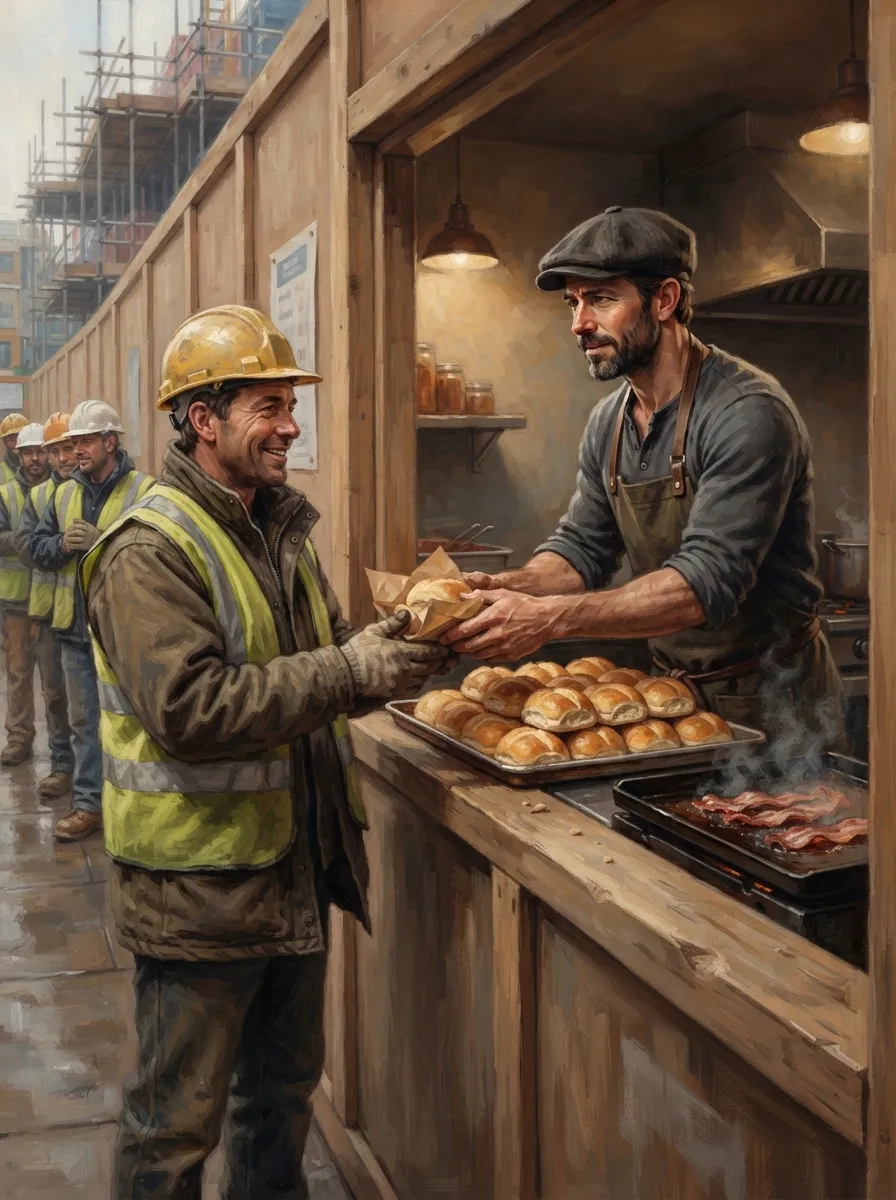 Max hands a bacon and egg roll to a builder, one tray of identical rolls behind him