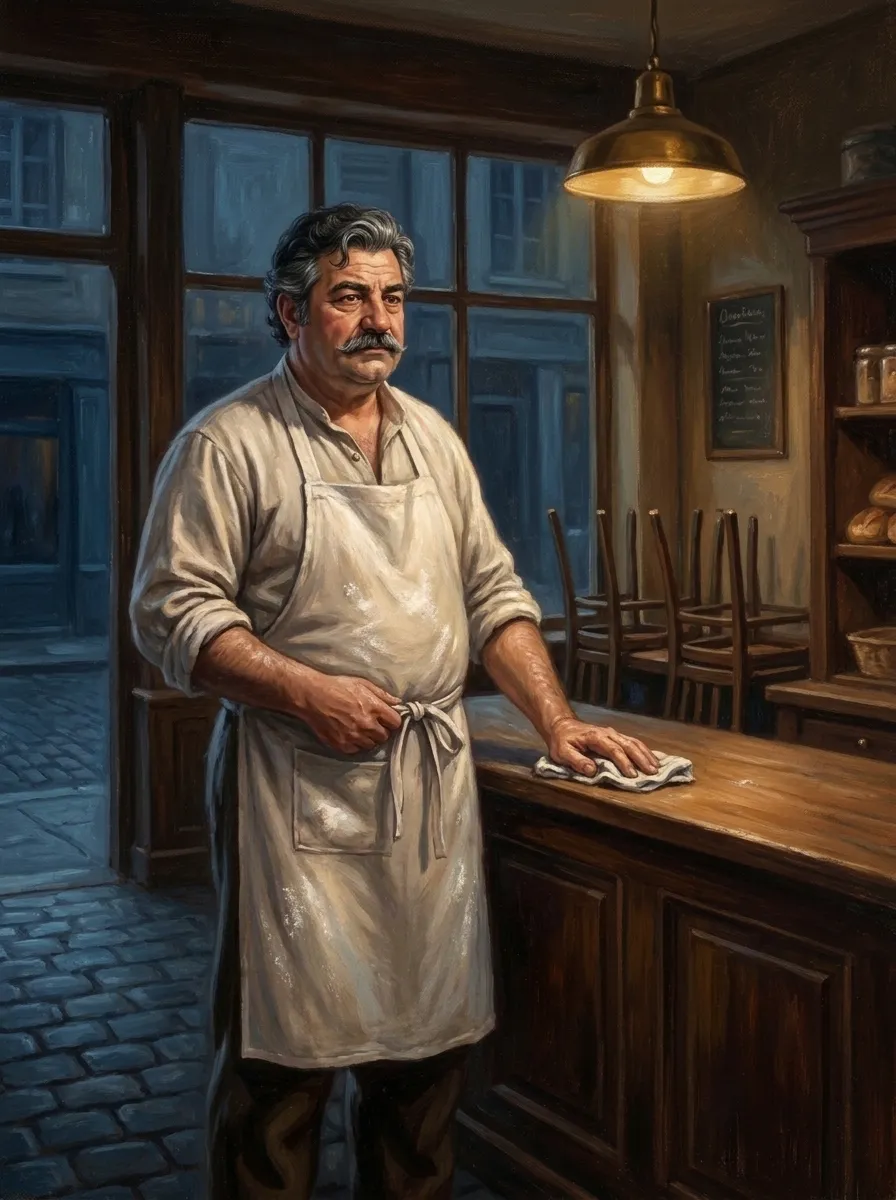 Five years later, a greying Gaston wipes down the counter of the same single shop at 5am