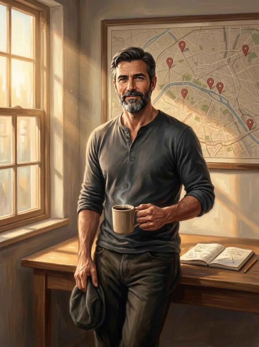 Five years later, a relaxed Max holds a coffee in front of a city map pinned with his six shops