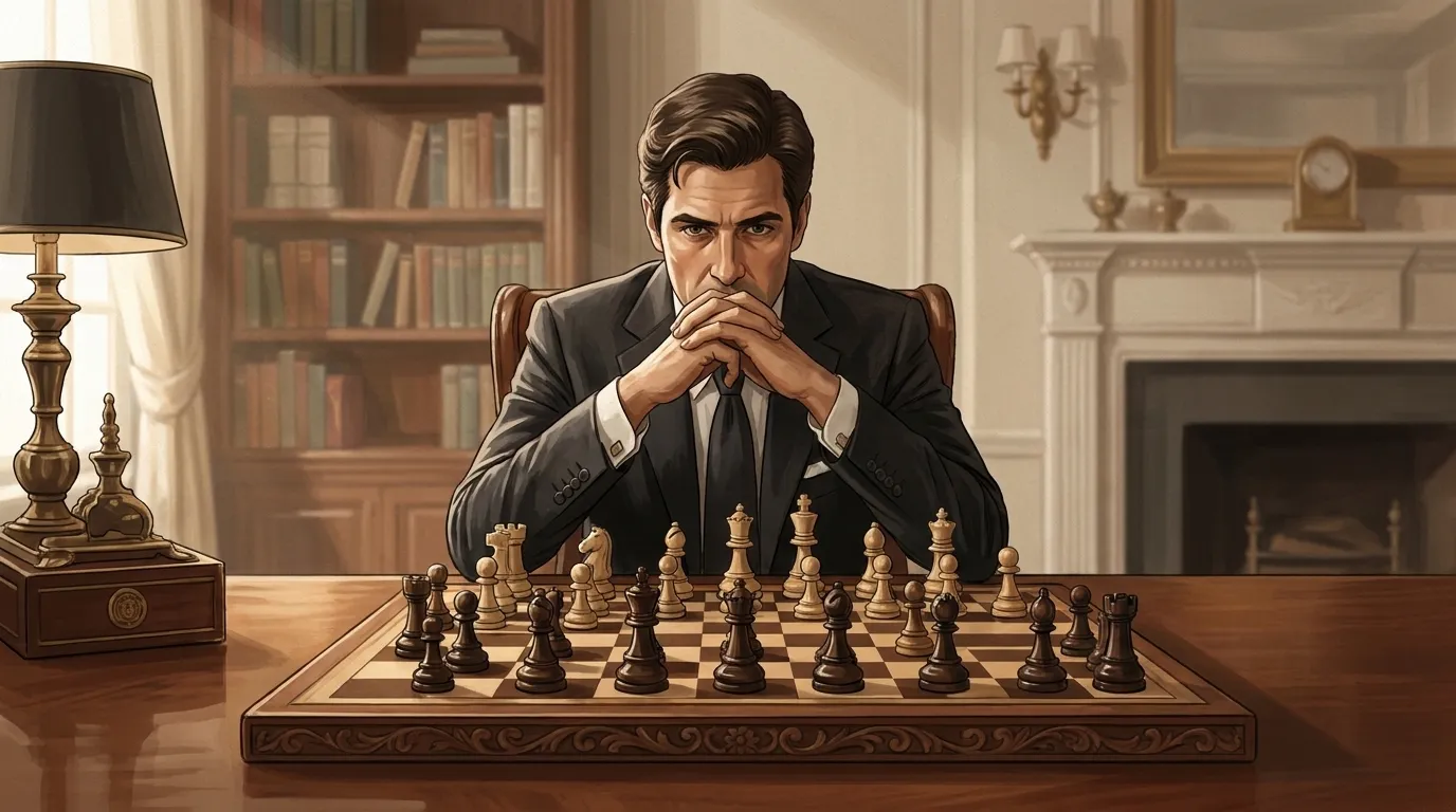 A strategist in a study, studying a chessboard