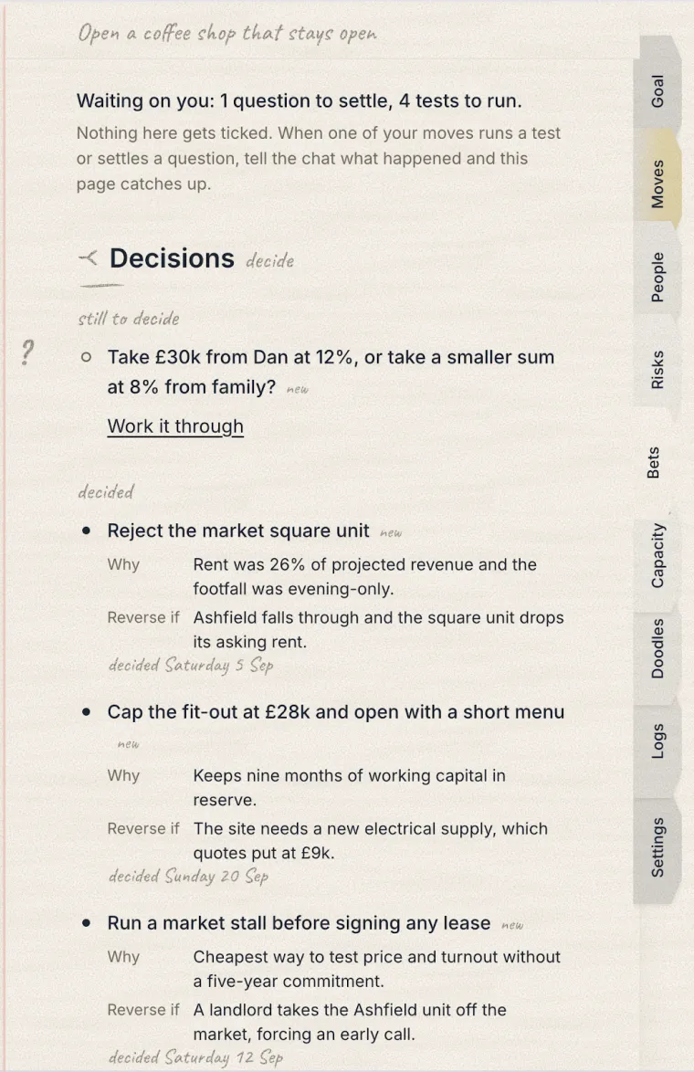 The Bets page