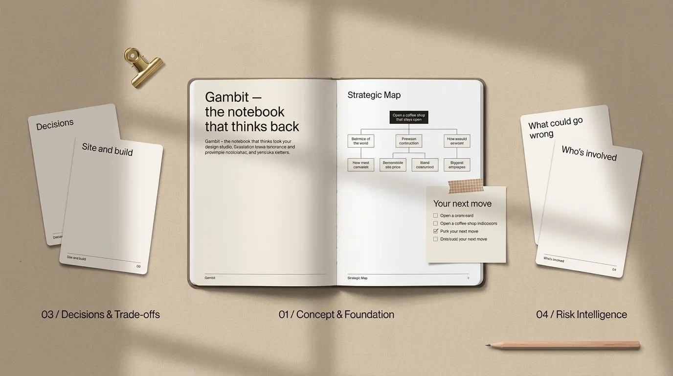 Gambit open on a desk: a strategic map, your next move, decisions, and what could go wrong